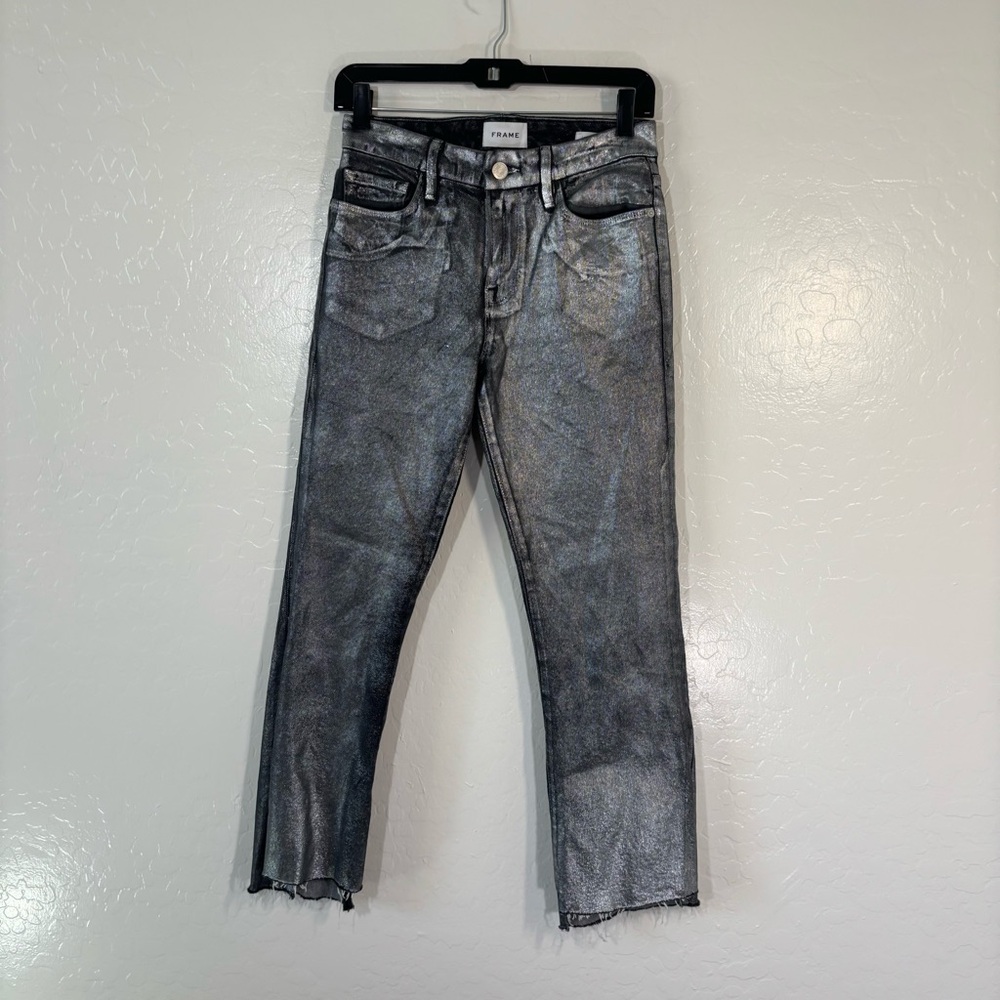 FRAME Le Crop Mini Boot Jeans Gunmetal Noir Silver Metallic Coated Size 25